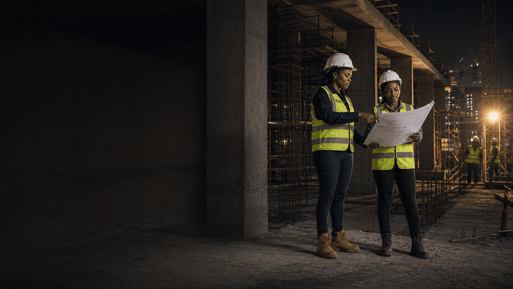 African women structural engineers reviewing drawings on a construction site