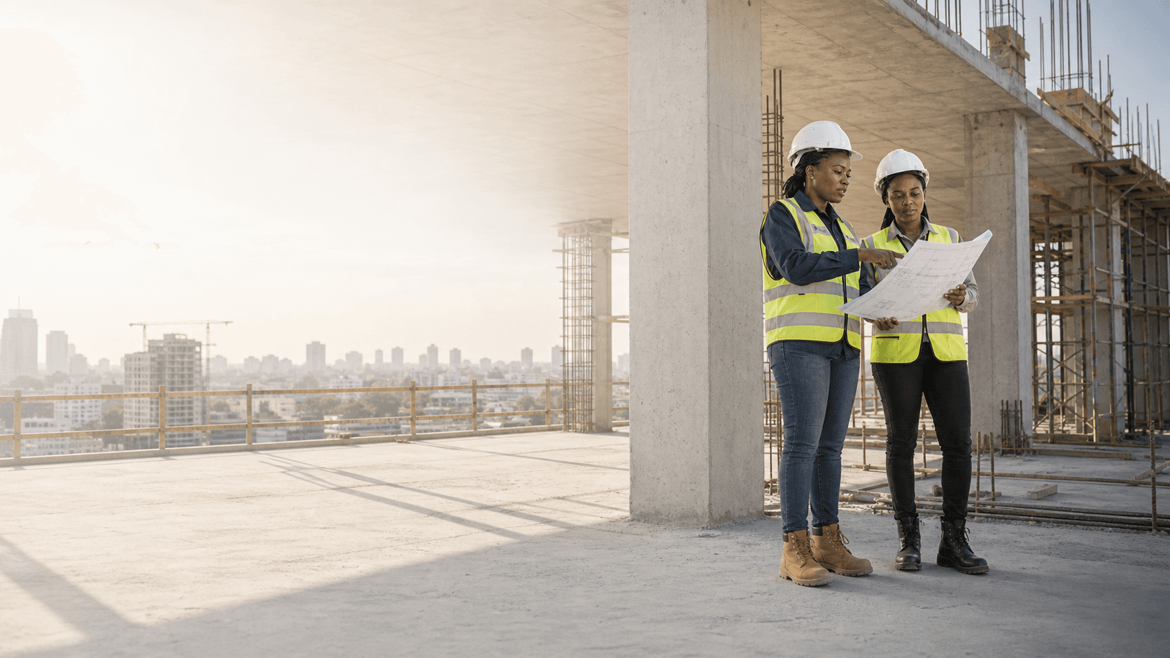 African women structural engineers reviewing drawings on a construction site