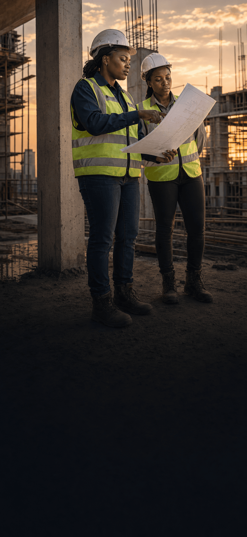 African women structural engineers reviewing drawings on a construction site