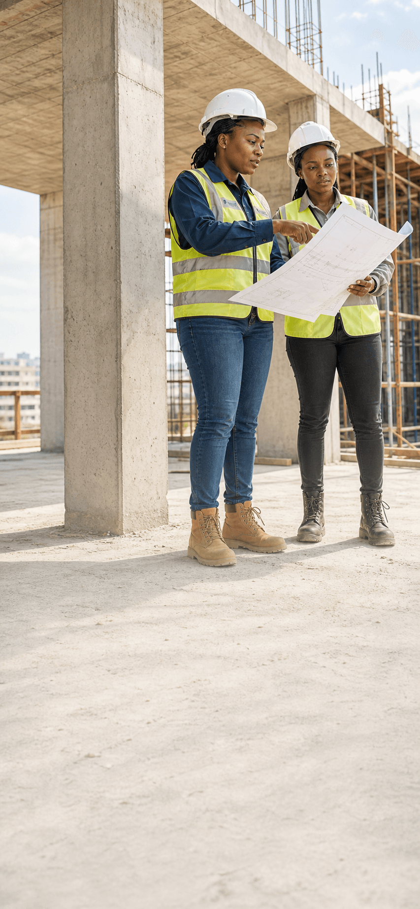 African women structural engineers reviewing drawings on a construction site