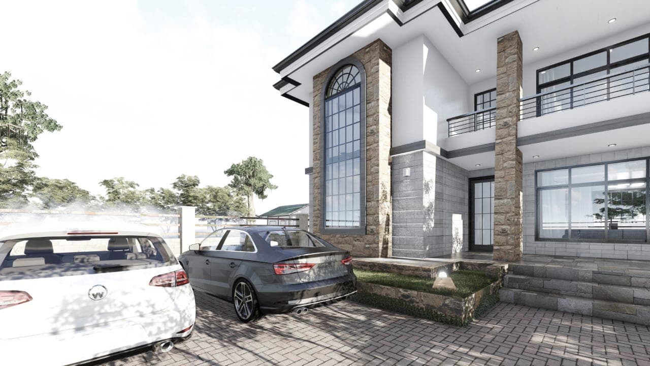 Front-entrance architectural visual for the Kaputei residence showing the arched window, stone cladding, and driveway approach.